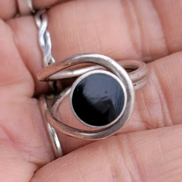 Vintage Southwestern modernist 925 sterling silver MEXICO onyx inlay ring TAXCO - Picture 13 of 17